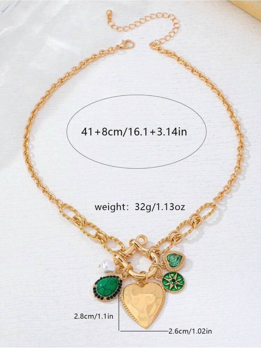 Western Horseshoe Necklace Gold Heart Charm Necklace with Green Gem Accents - Picture 5 of 5